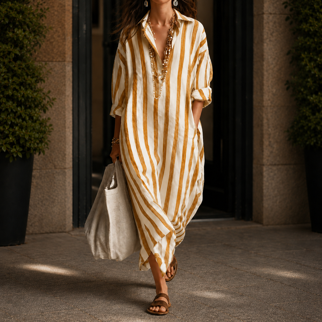 Adele Striped Shirt Dress - Earthy Yellow