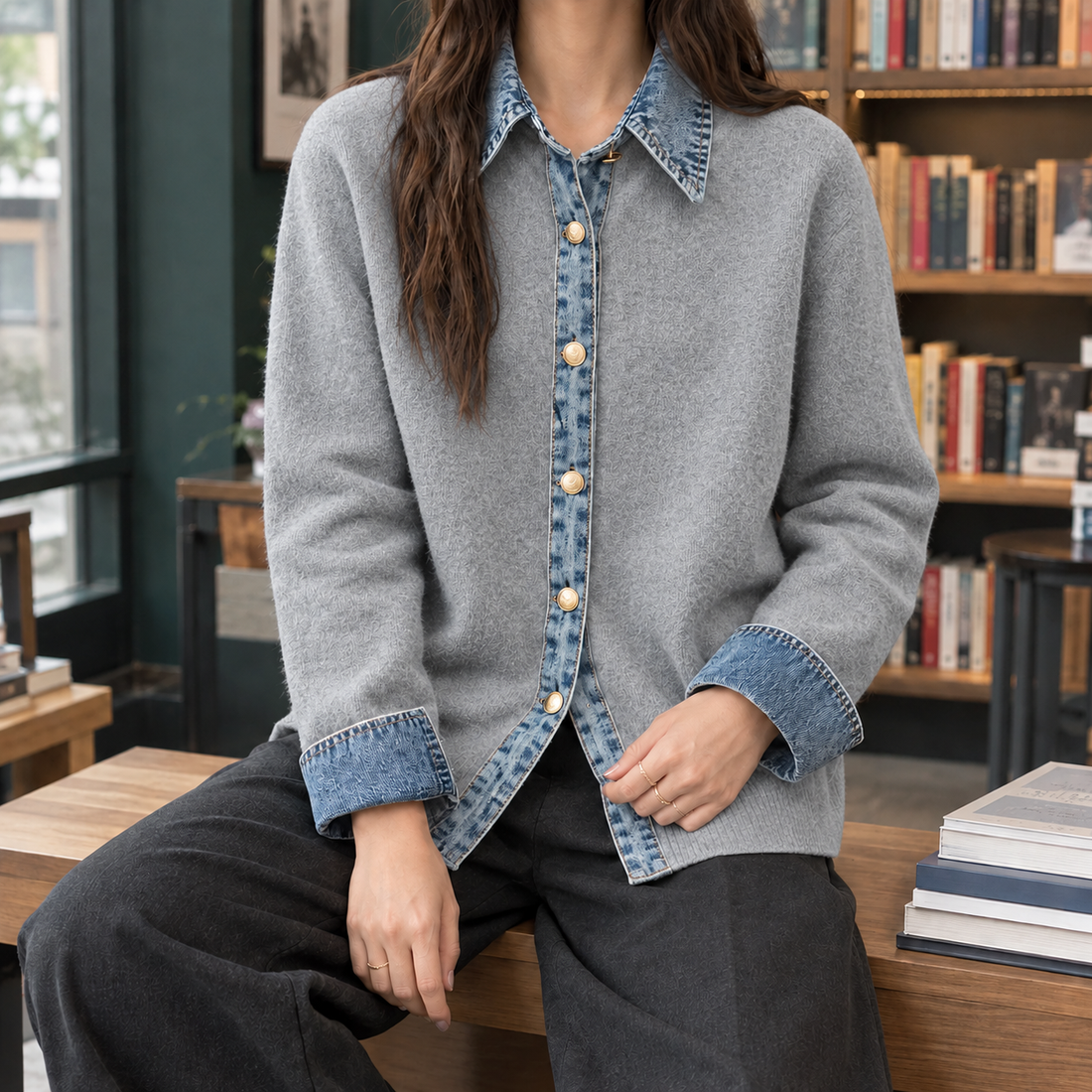 Azalea-Elise Denim Trim Cardigan - Medium Gray