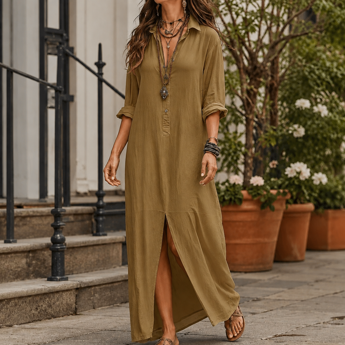 Marcella Maxi Shirt Dress - Khaki