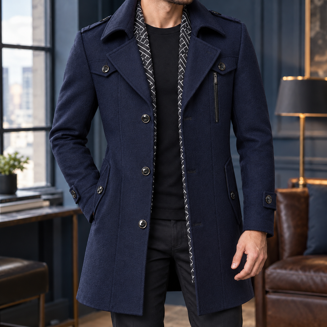 Gaspard Tailored Wool Coat - Navy Blue