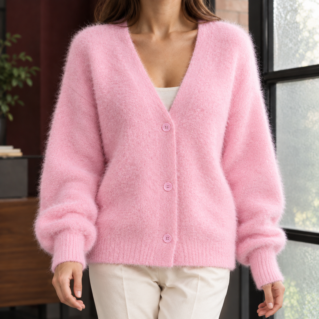 Zelie-Louise V-Neck Cardigan - Pink
