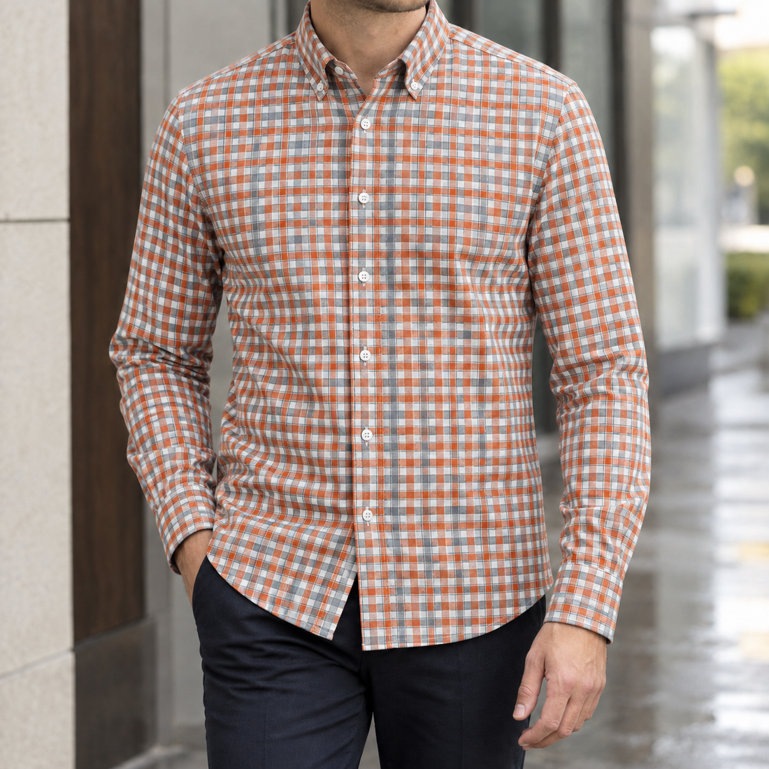 Brett Button Down Shirt - Orange Gray Check