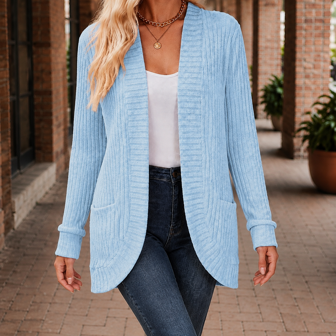 Grace-Kate Ribbed Cardigan - Powder Blue