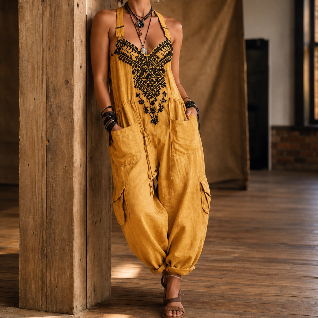 Marina-Pearl Embroidered Jumpsuit - Yellow