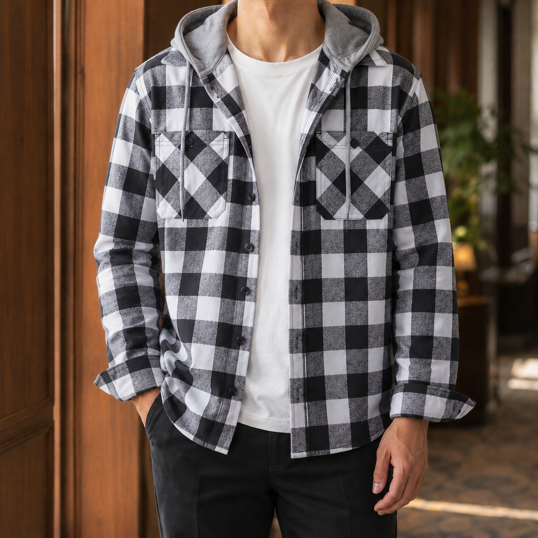 Gilles Plaid Hooded Overshirt - Gray Plaid