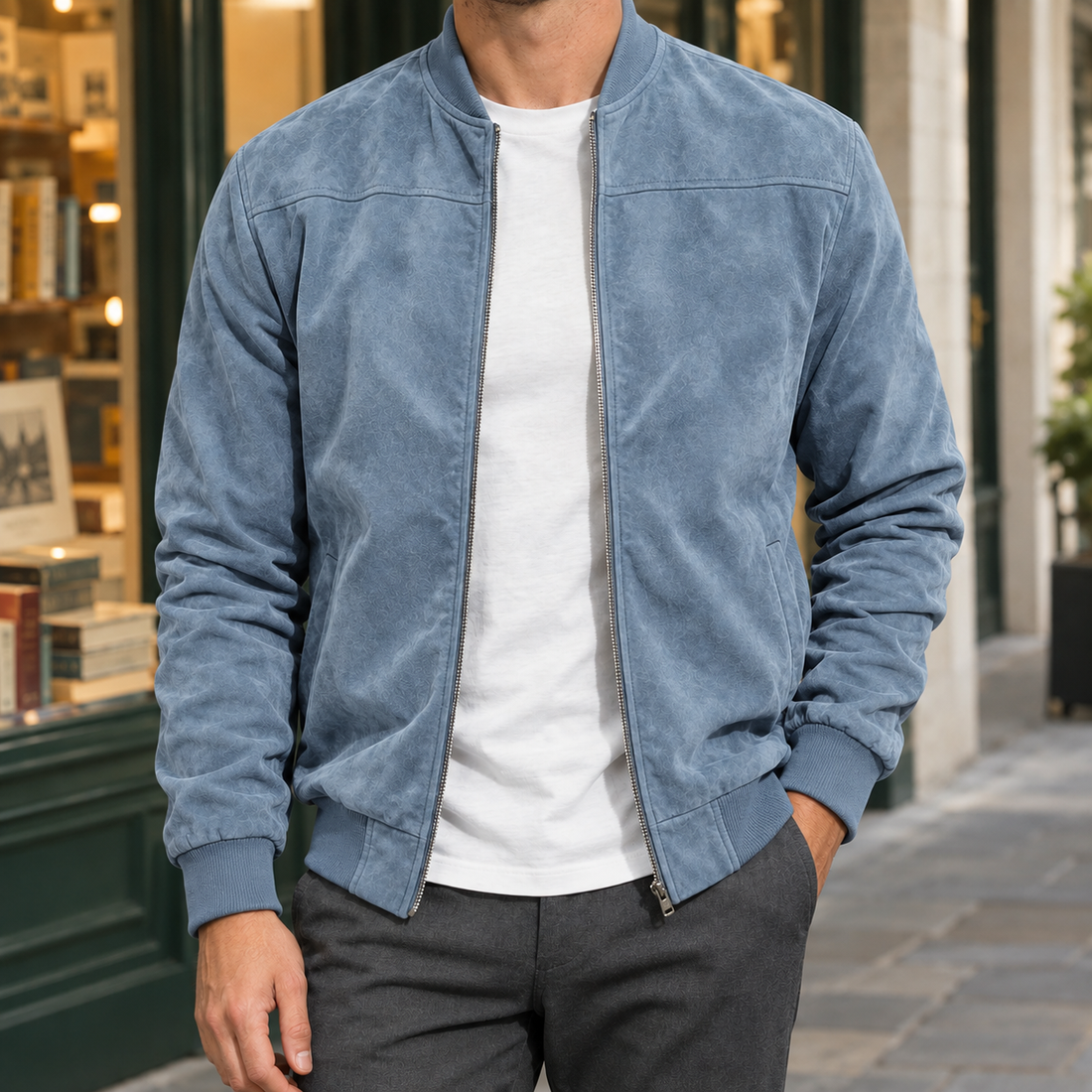 Mason Suede Bomber Jacket - Light Blue
