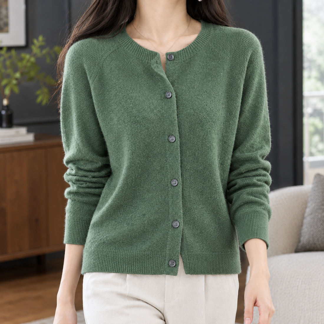 Michelle Round Neck Cardigan - Pine Green