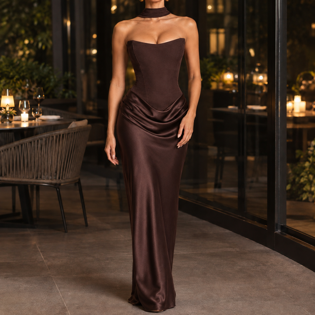 Gwendolen Corset Maxi Dress - Brown
