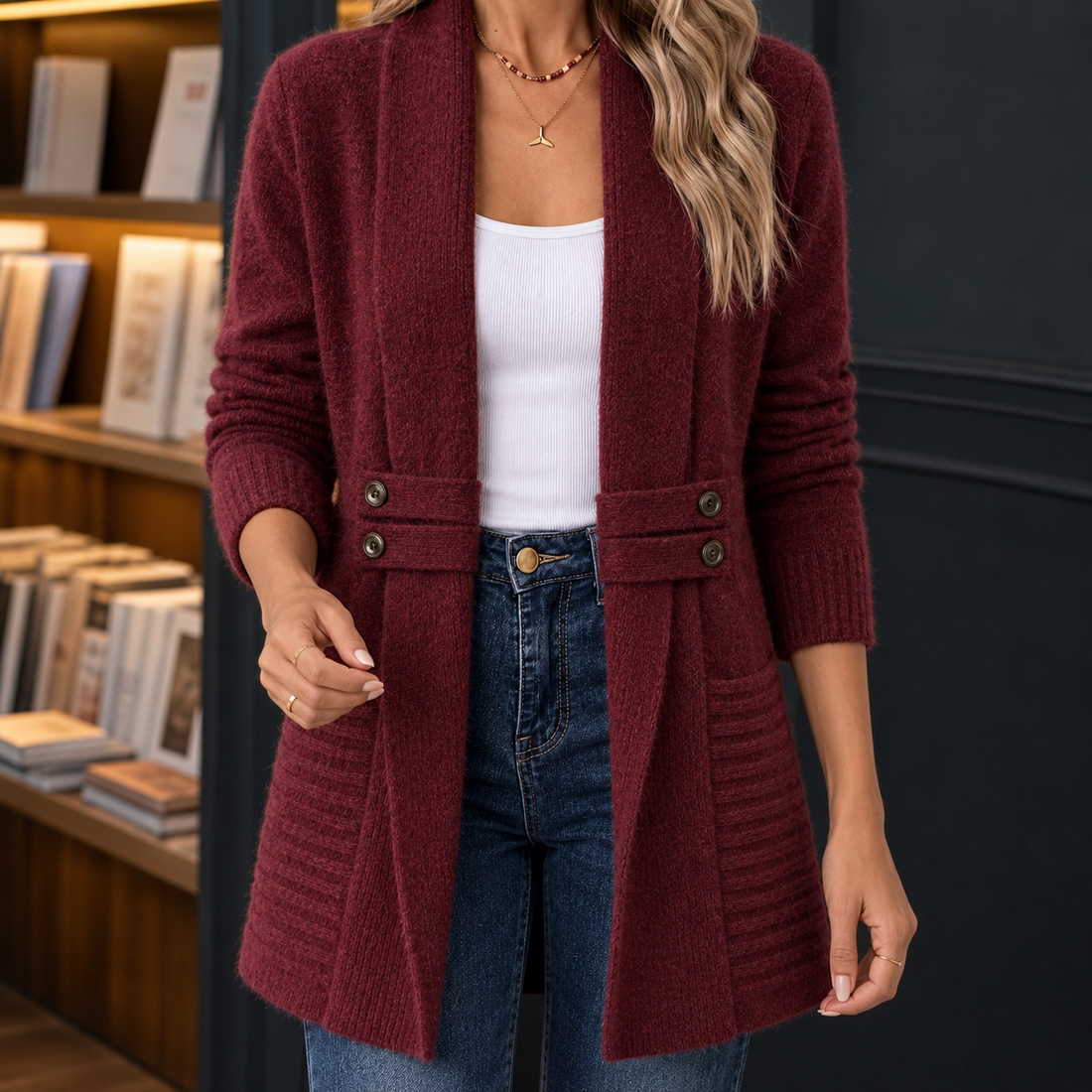 Maia-Rae Ribbed Cardigan - Wine Red