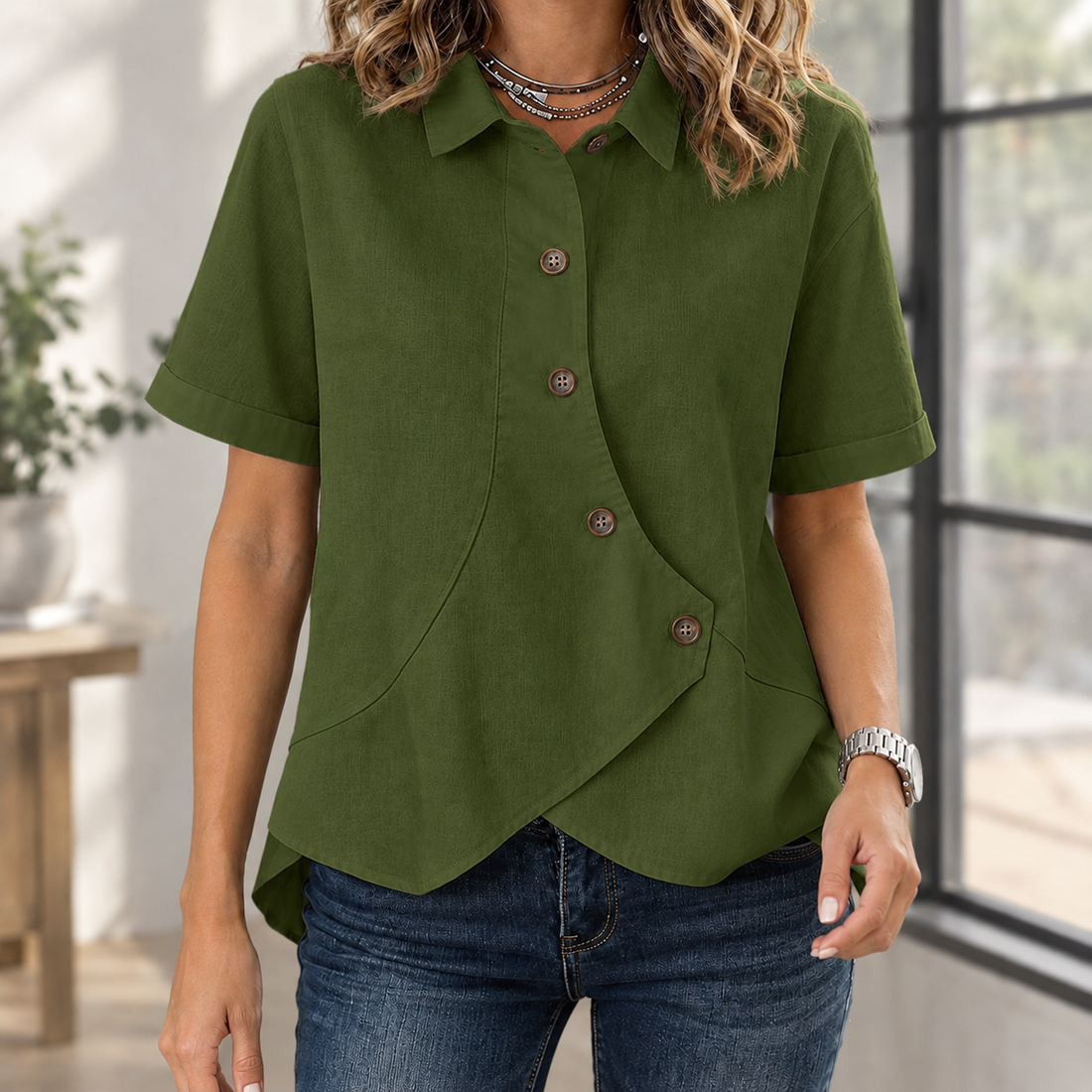 Pomeline-Louise Asymmetric Shirt - Army Green