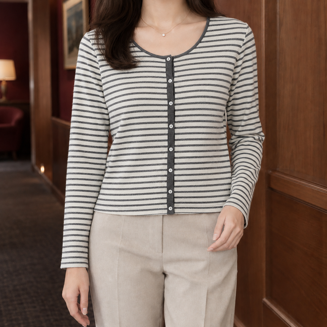 Modesty-Belle Scoop Neck Cardigan - Charcoal Stripe
