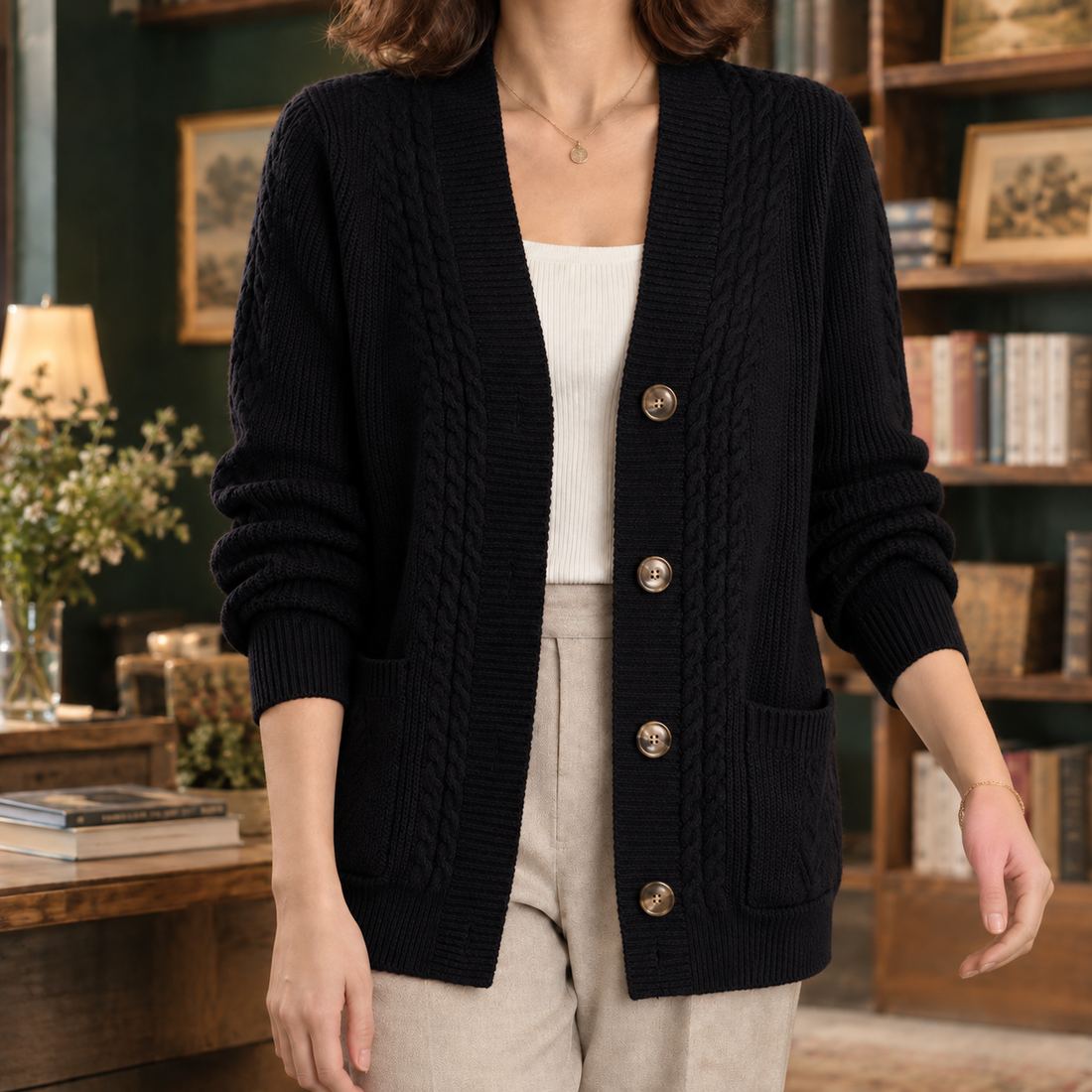 Susannah Cable Knit Cardigan - Black