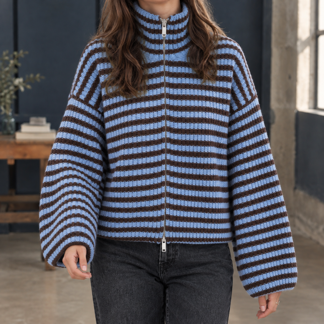 Olive Ribbed Sweater - Blue Brown