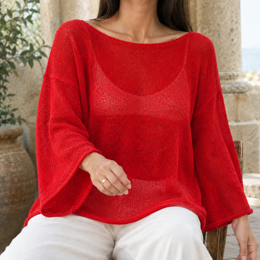 Ilaria-Rae Boat Neck Top - Red