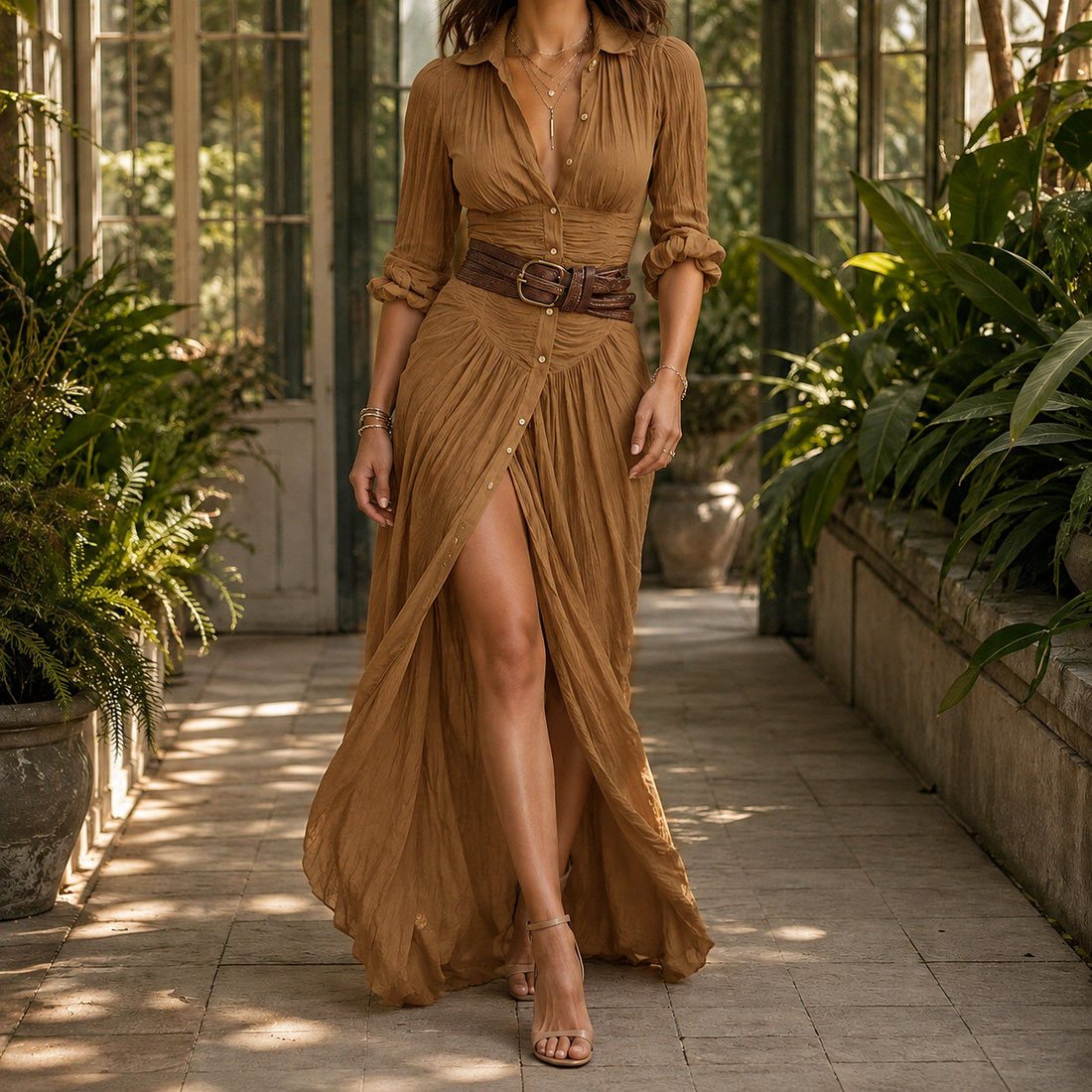 Jacinta Ruched Maxi Dress - Brown