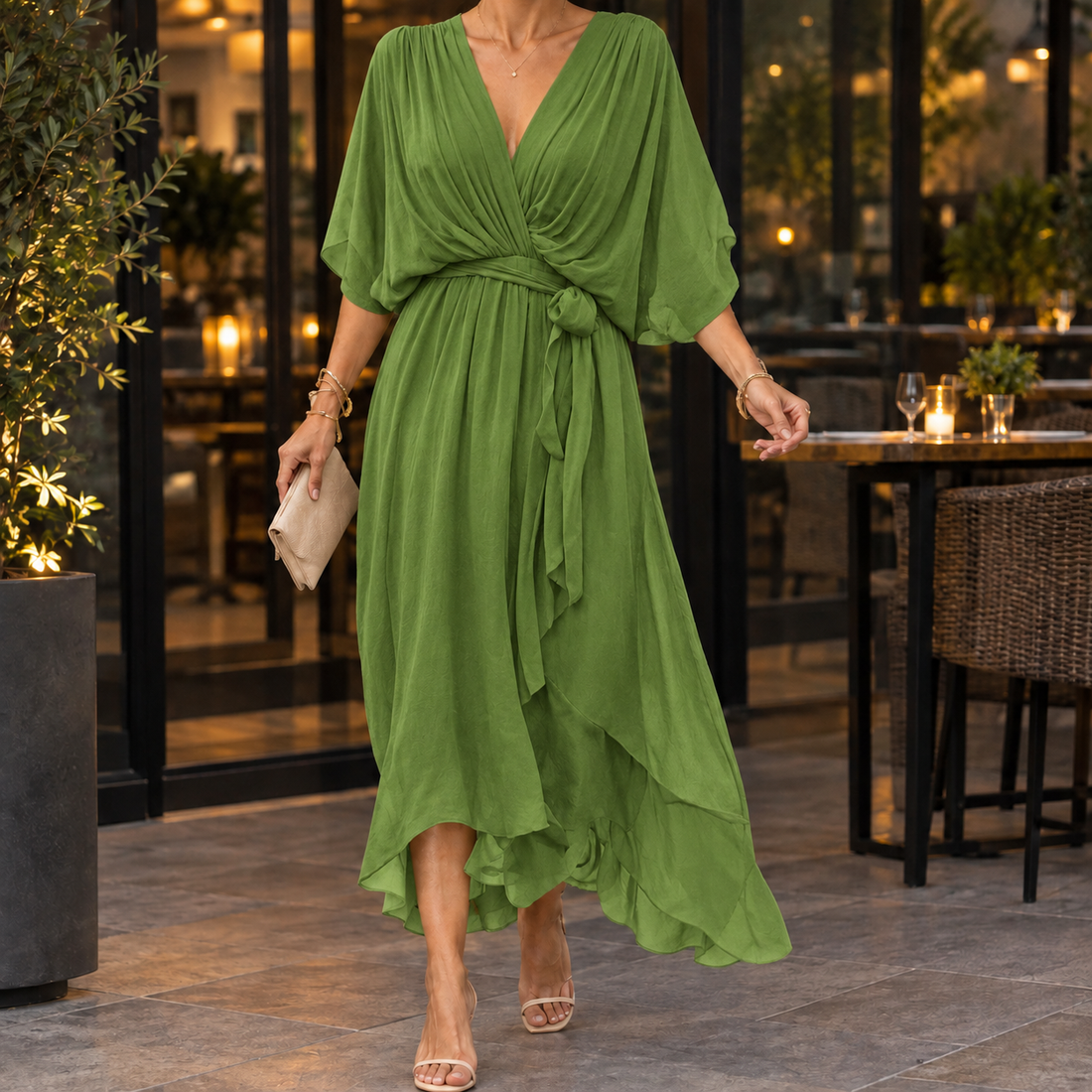 Mathilde-Lane Draped Midi Dress - Green