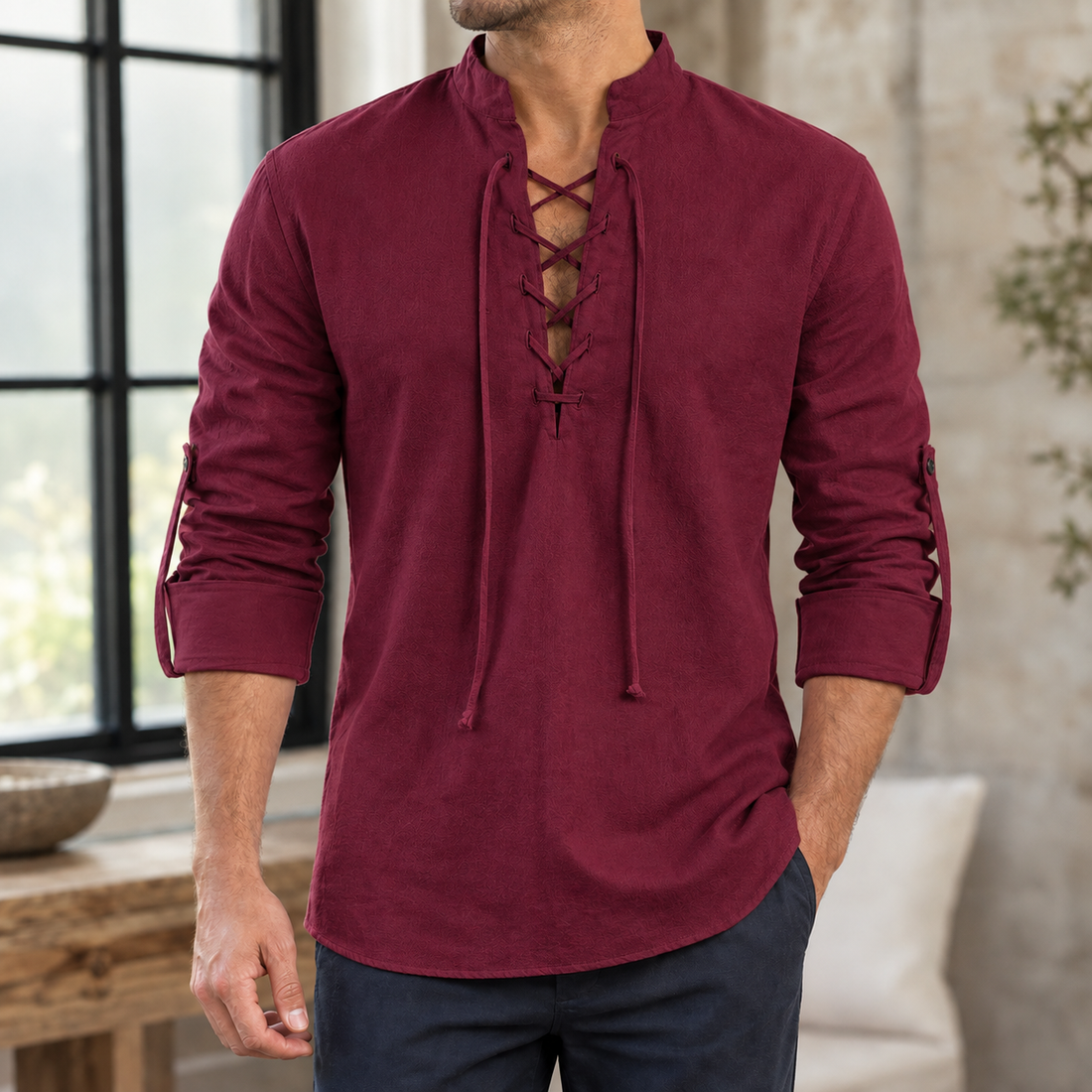 Ralph Lace-Up Shirt - Wine Red