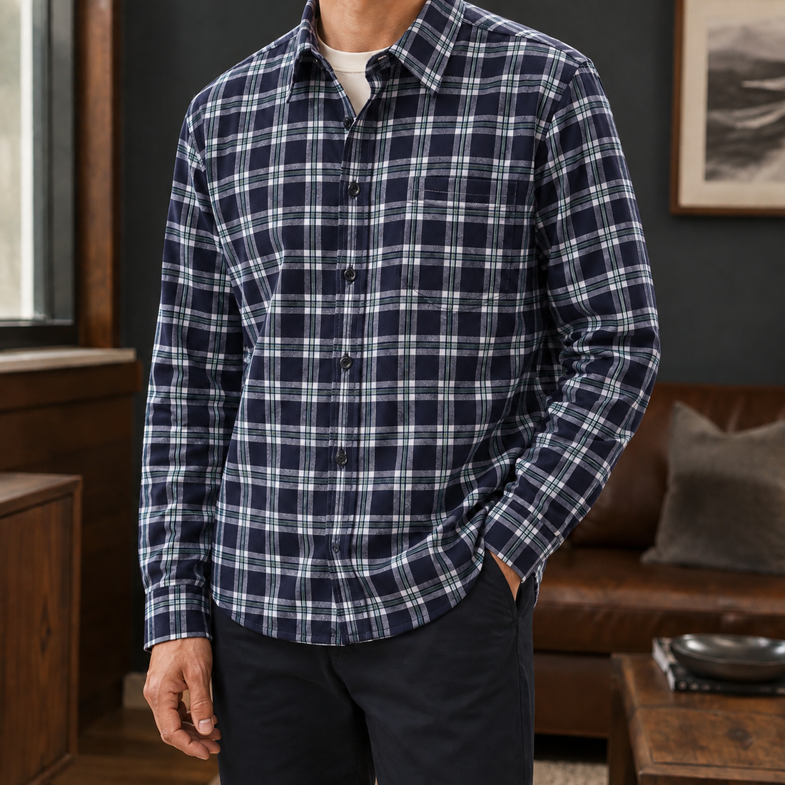 Augustus Plaid Shirt - Navy Blue Grid