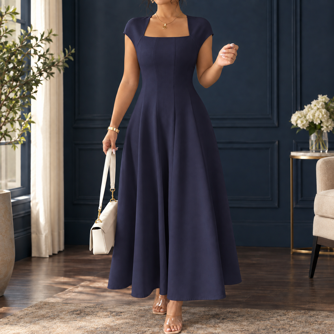 Zenobia-Belle A-Line Dress - Navy Blue