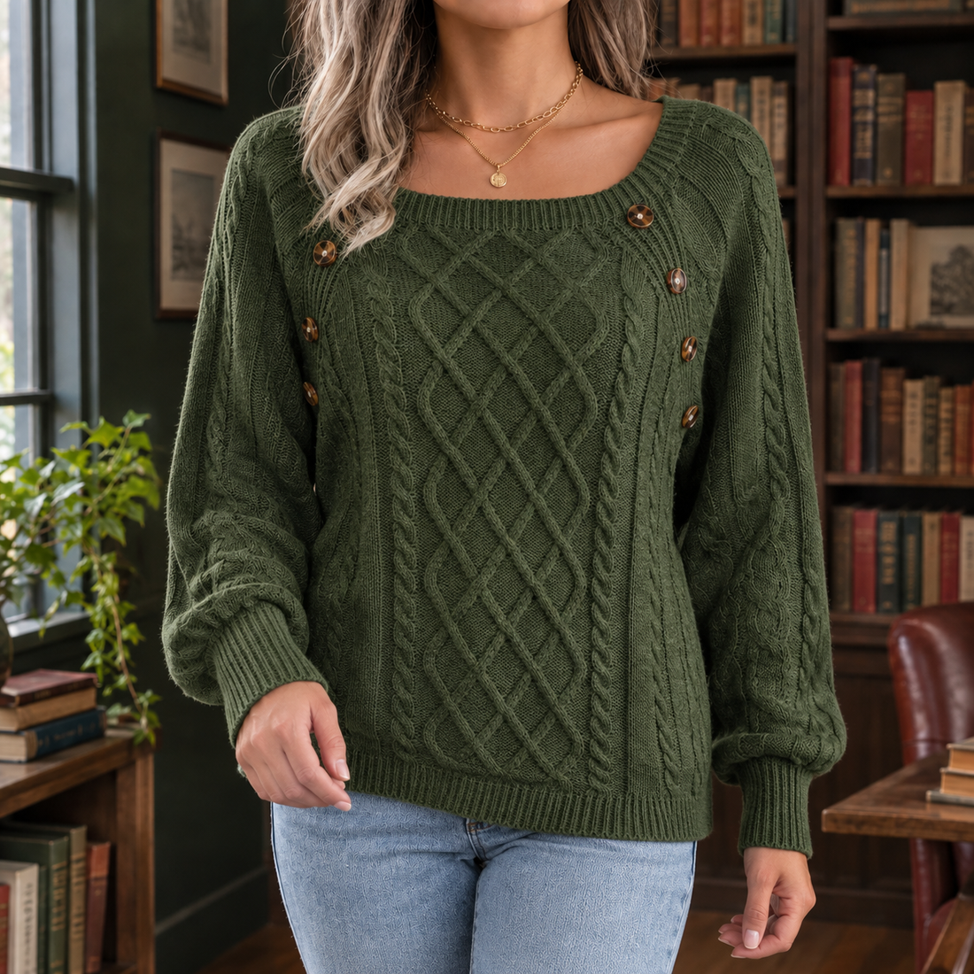 Fenna-Elise Square Neck Sweater - Army Green