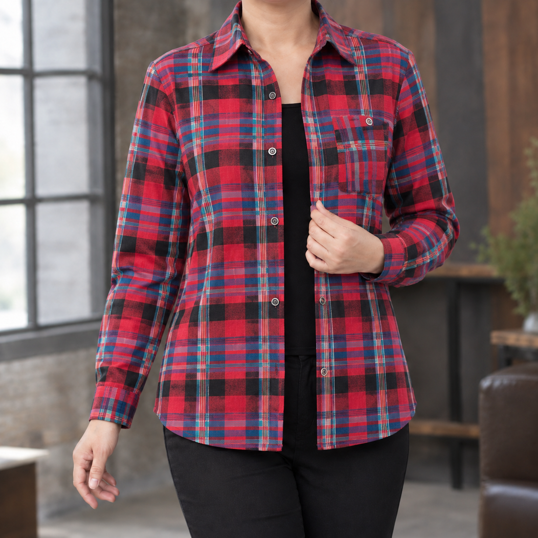 Stephanie Relaxed Plaid Shirt - Red Plaid