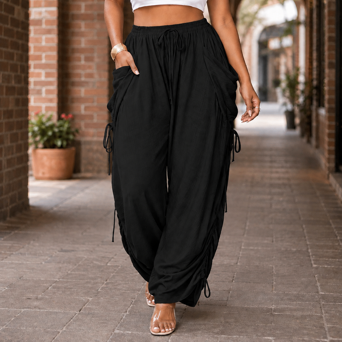 Astrid-Lane Ruched Harem Pants - Black