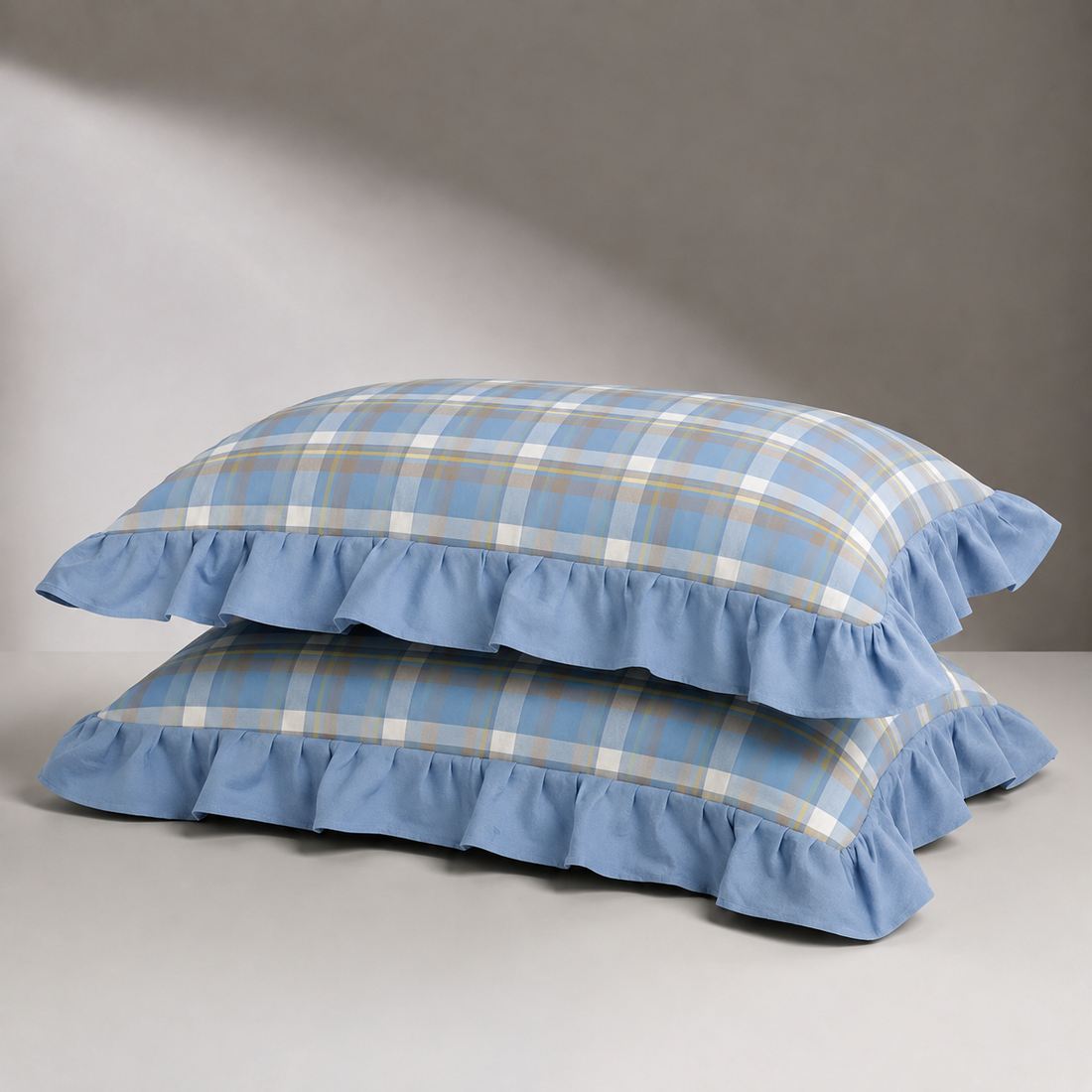 Evermere Ruffled Pillowcase - Powder Blue Plaid