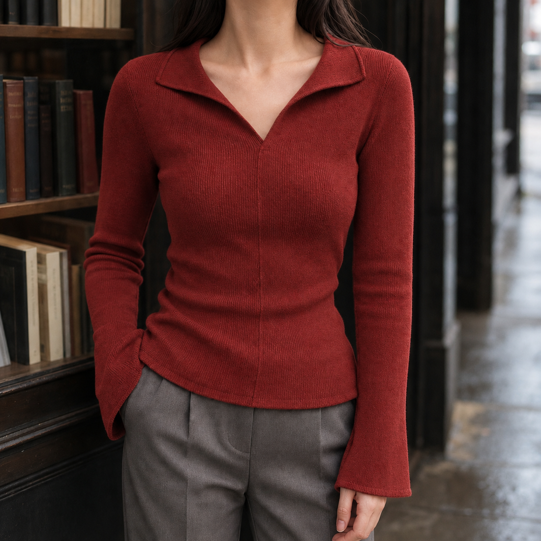 Isabelle-Jade Collared Knit Top - Red