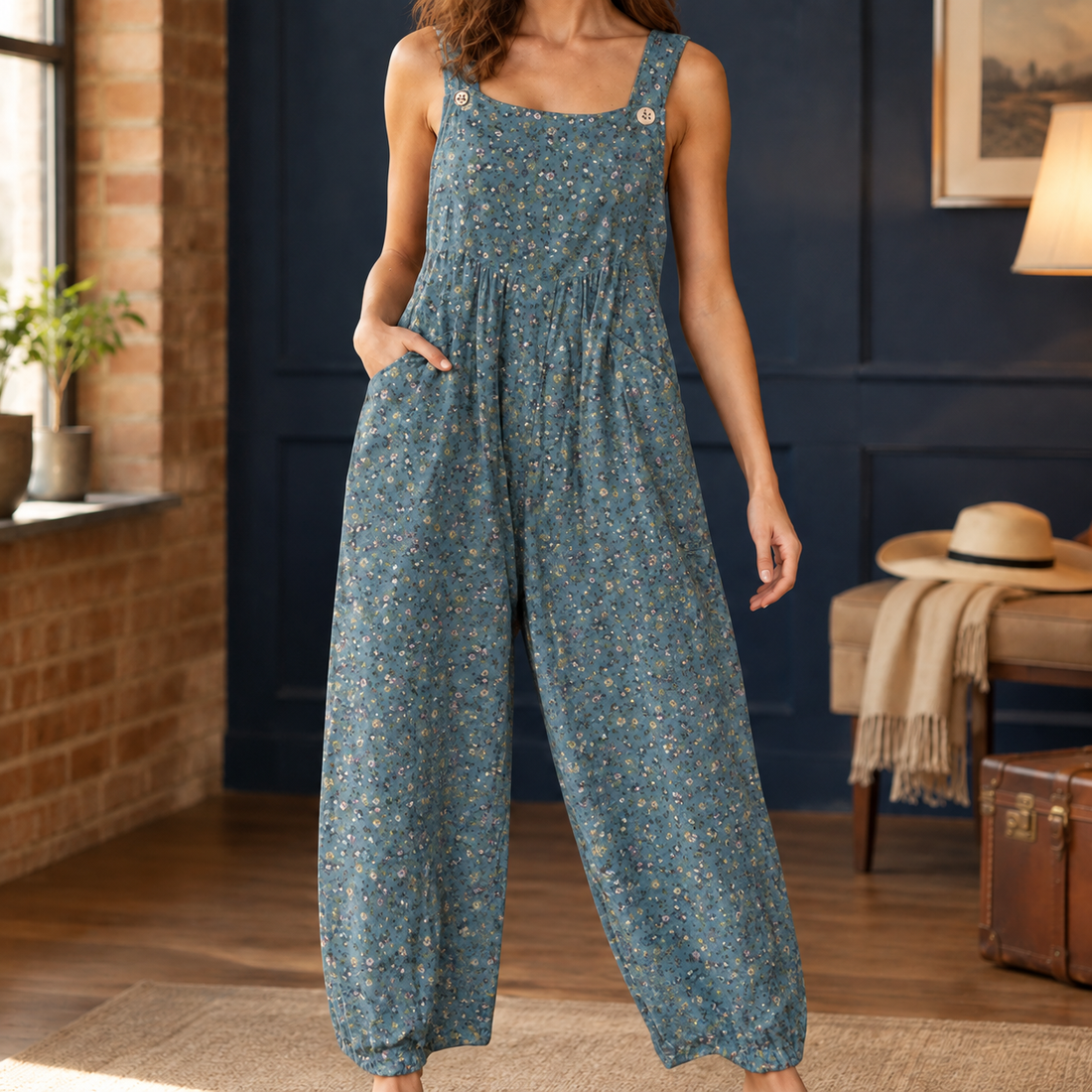 Liliana-Jane Wide Leg Jumpsuit - Blue Floral Print