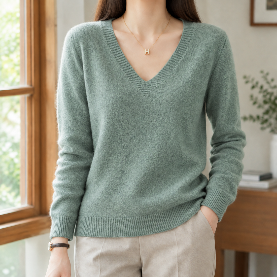 Evadne V Neck Sweater - Grass Green