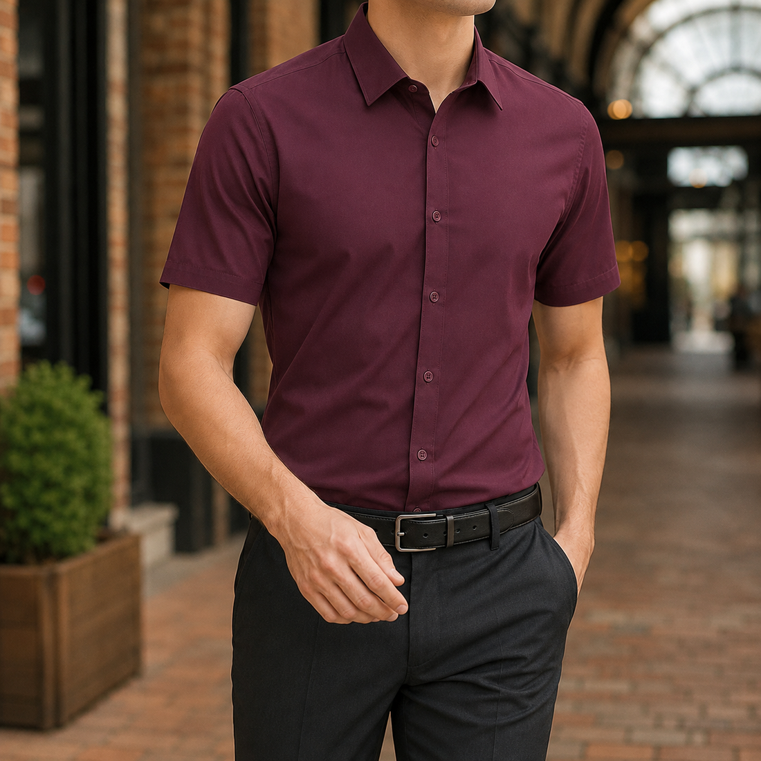 Aldous Slim Fit Shirt - Short Sleeve Shirt Burgundy