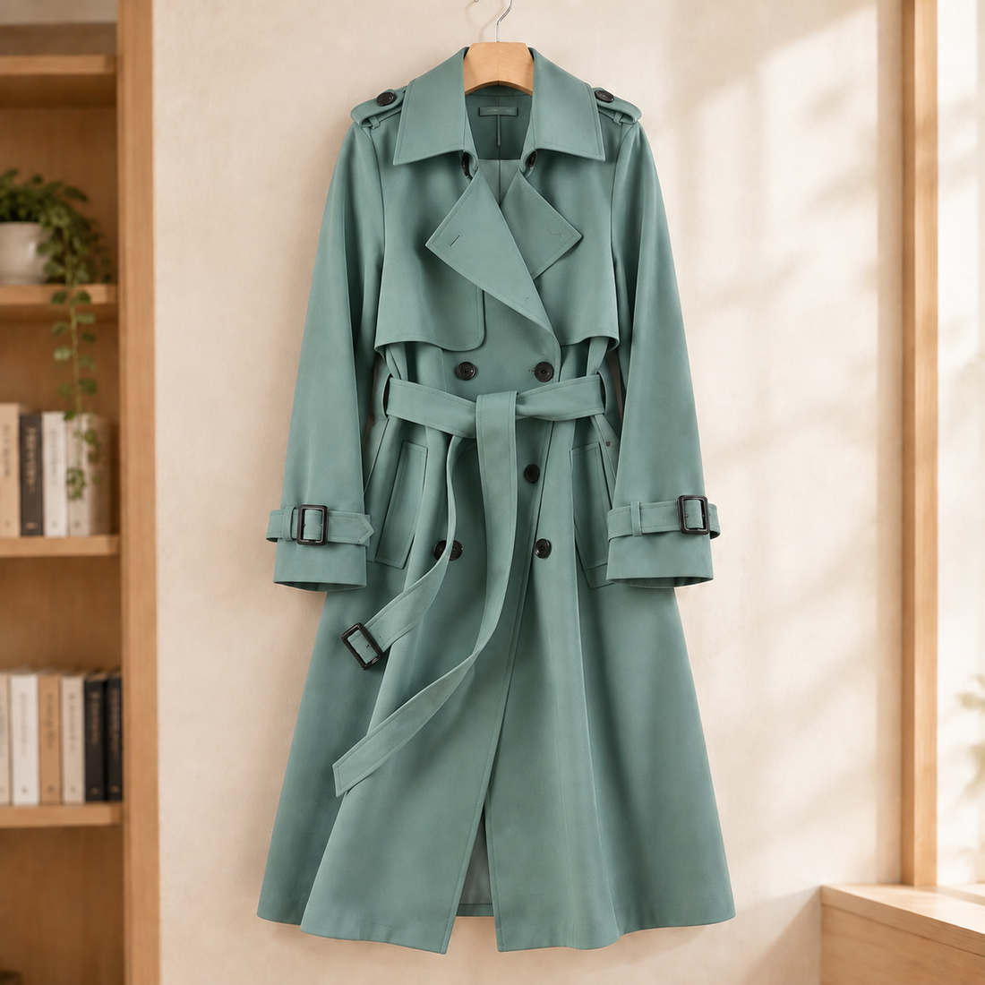Salome-Sage Belted Trench Jacket - Green Plaid Lining