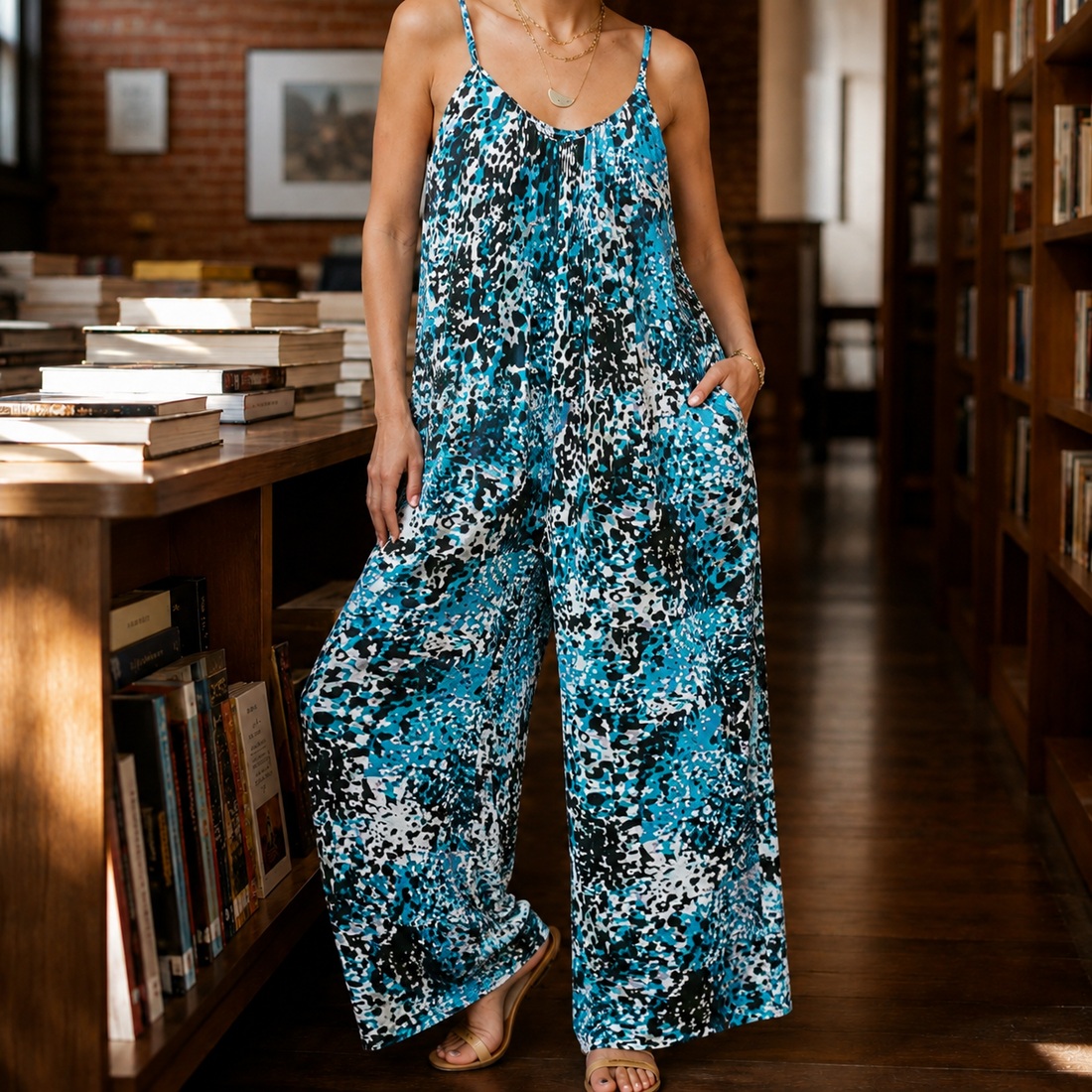 Caroline Wide Leg Jumpsuit - Blue And Black Leopard Print