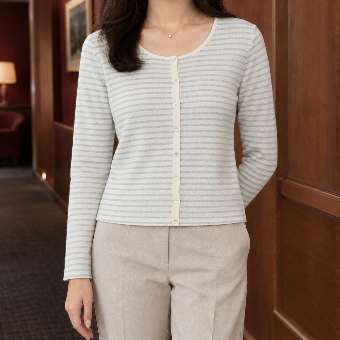 Modesty-Belle Scoop Neck Cardigan - Ice Blue Strip