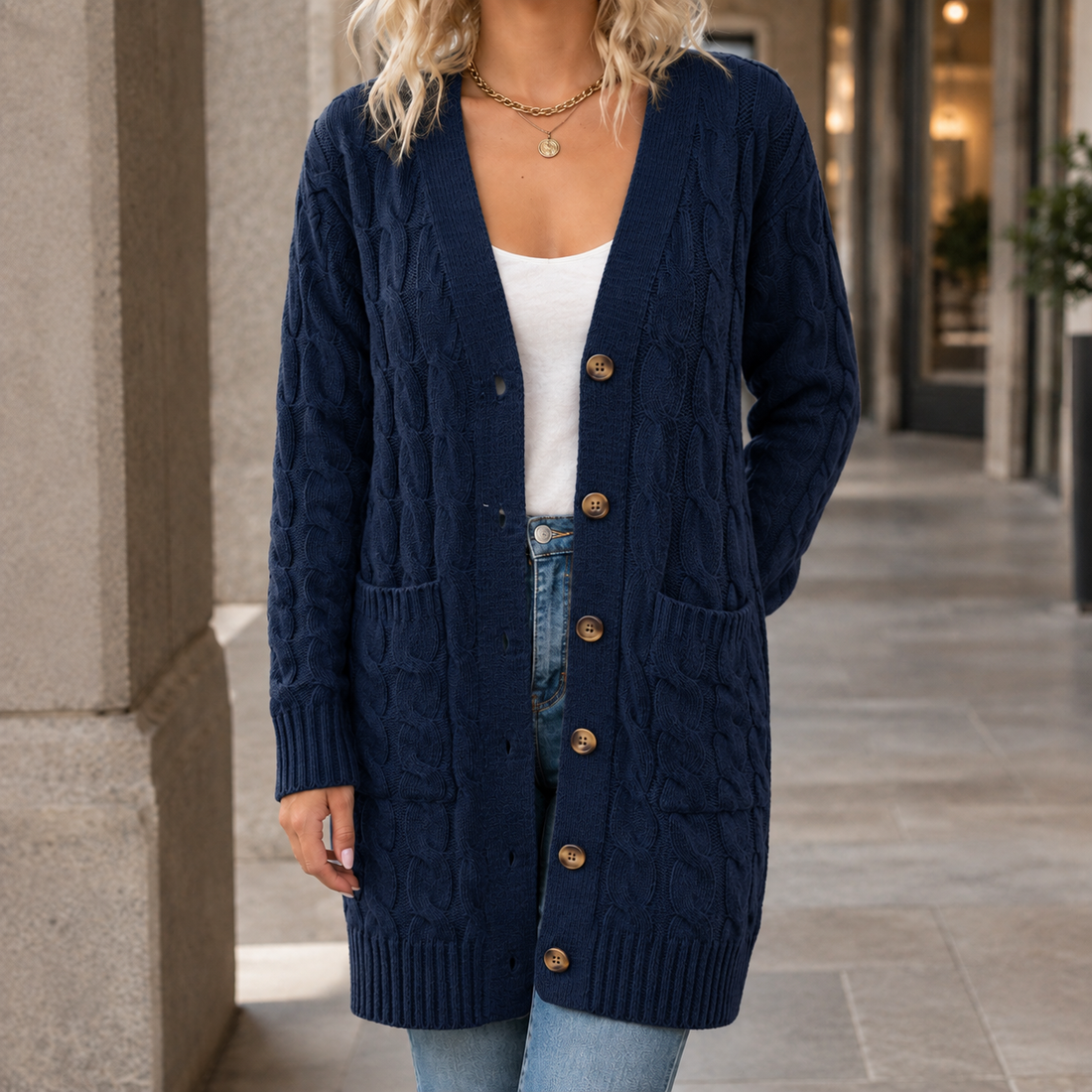 Keira Cable Knit Cardigan - Navy Blue