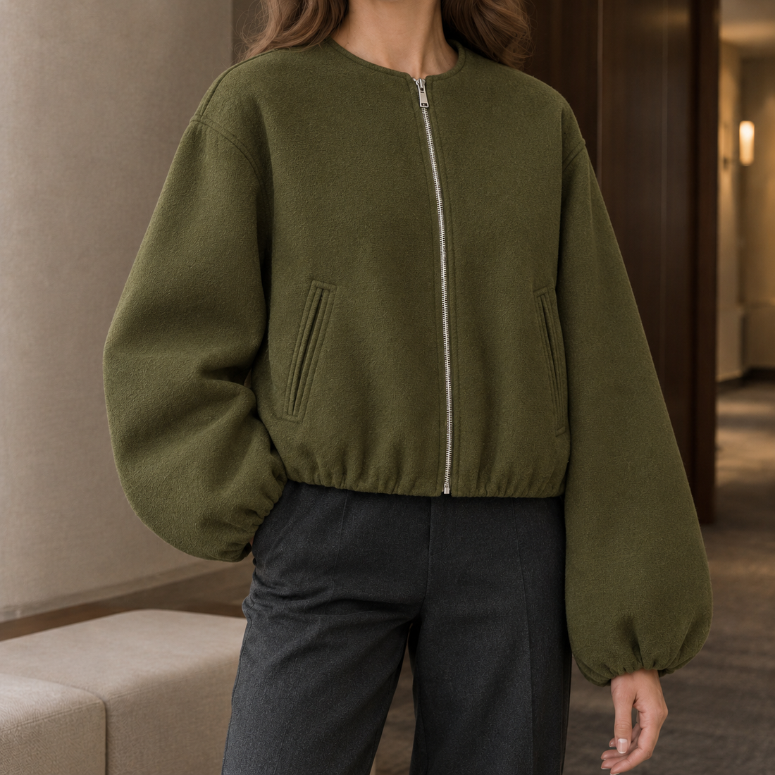 Pippa-Lane Balloon Sleeve Jacket - Army Green