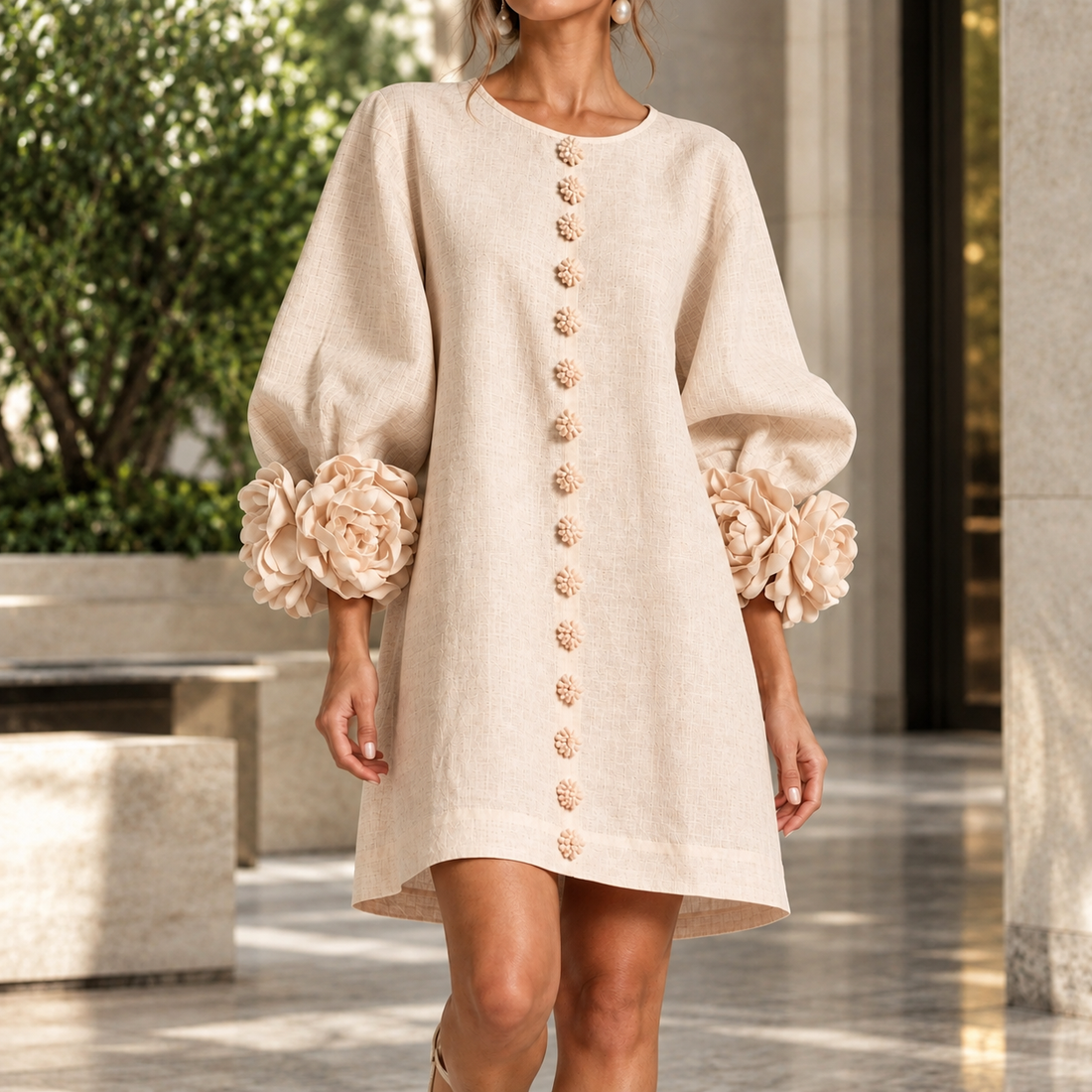 Lucinda Floral Cuff Dress - Apricot