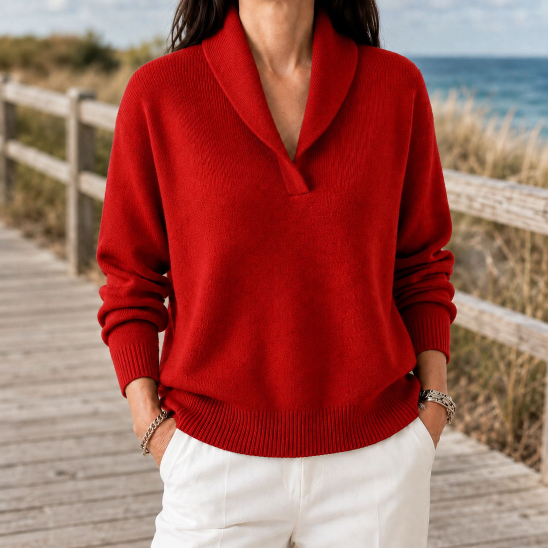 Marlene-Hope Shawl Collar Sweater - Red