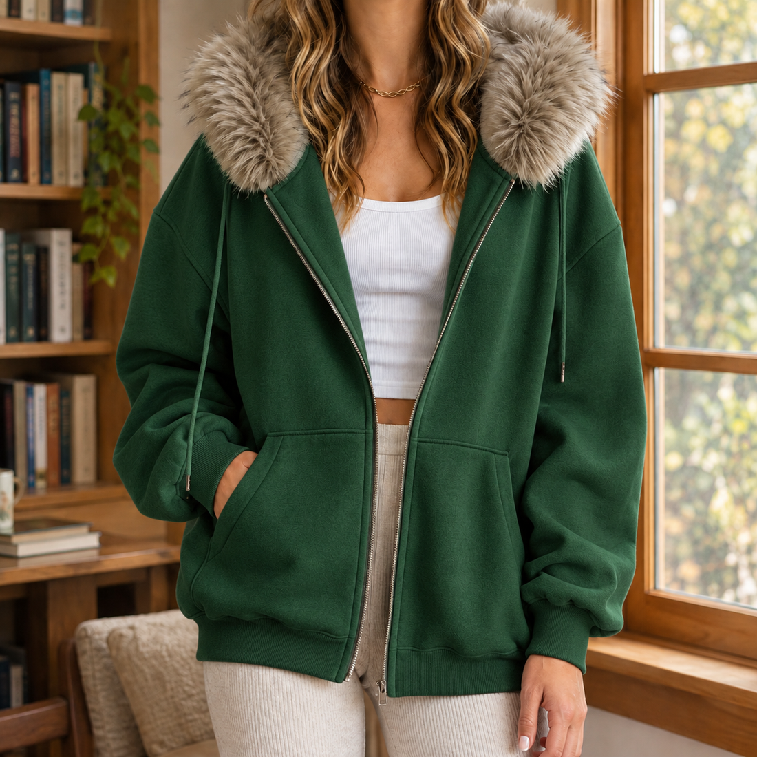 Ardith Fur Trim Hoodie - Dark Green