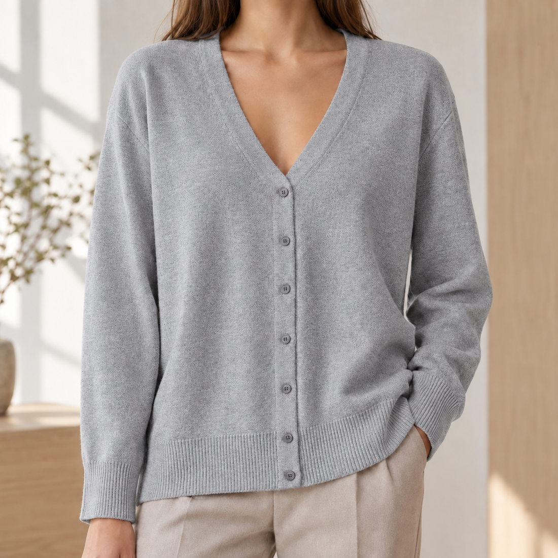 Honoria Button Cardigan - Light Gray