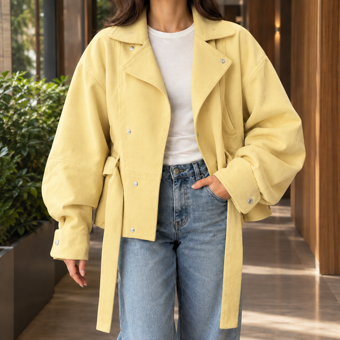 Desiree-Marie Belted Moto Jacket - Light Yellow