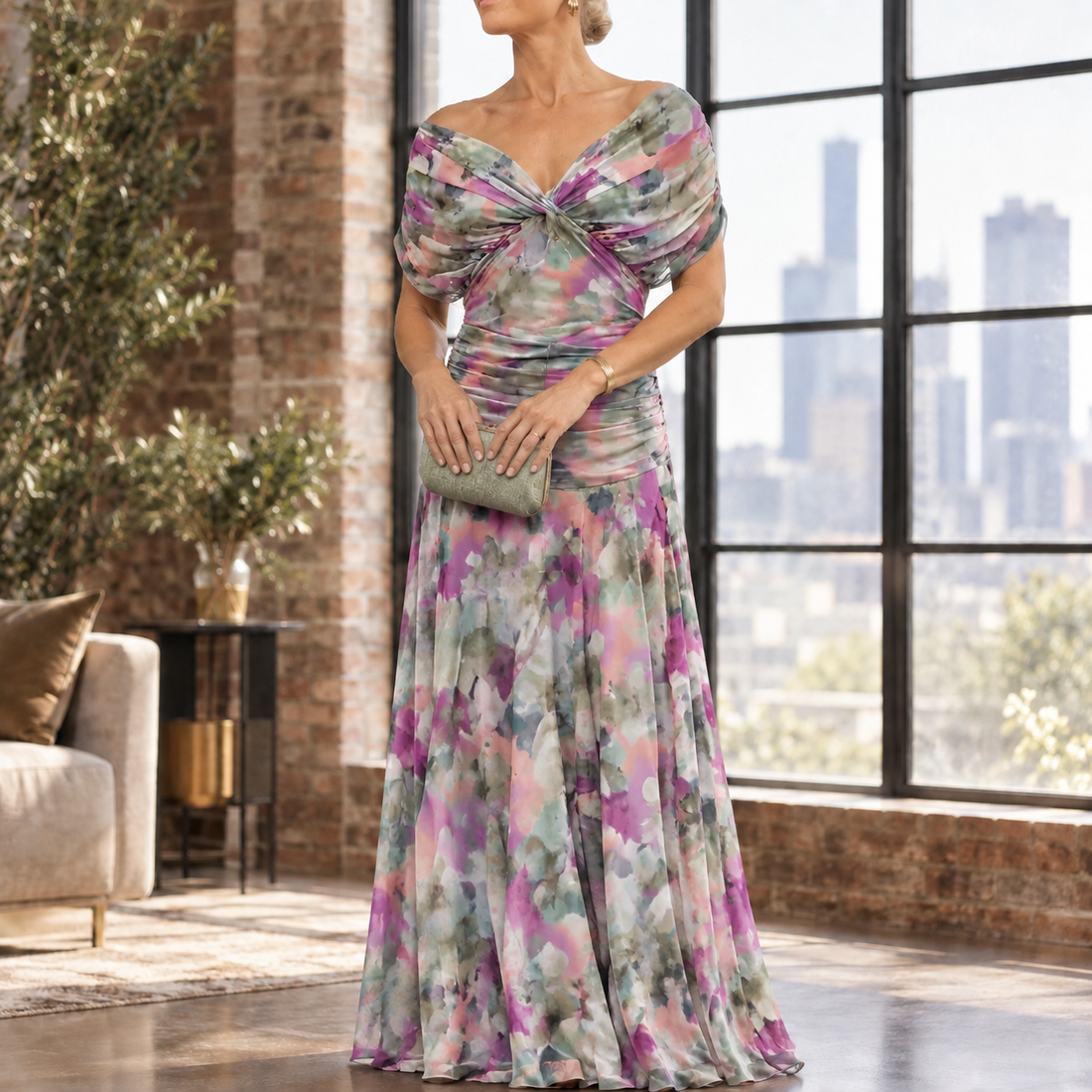 Colette-Louise Draped Maxi Dress - Green Purple 2