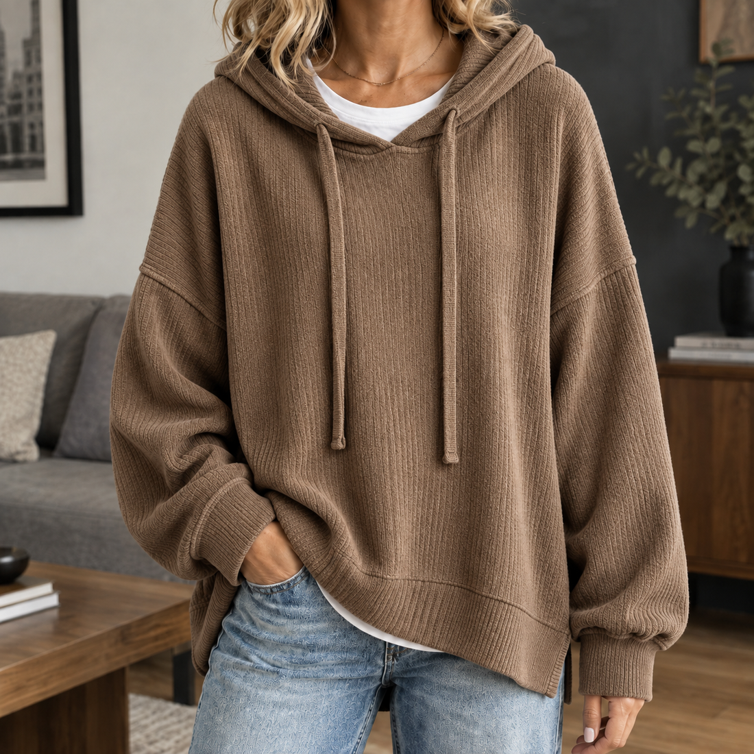 Tara Ribbed Hoodie - Khaki