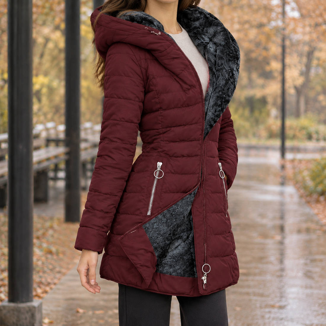 Gemma-Pearl Plush Lined Puffer Jacket - Wine Red