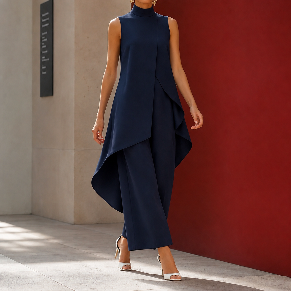 Sonia-Pearl Asymmetric Pants Set - Navy