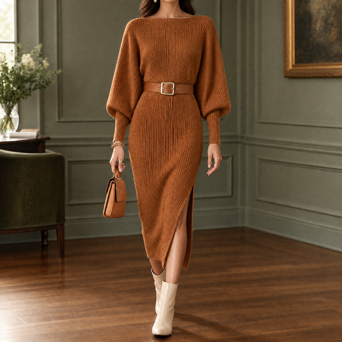 Naomi-Sage Ribbed Midi Dress - Caramel Brown