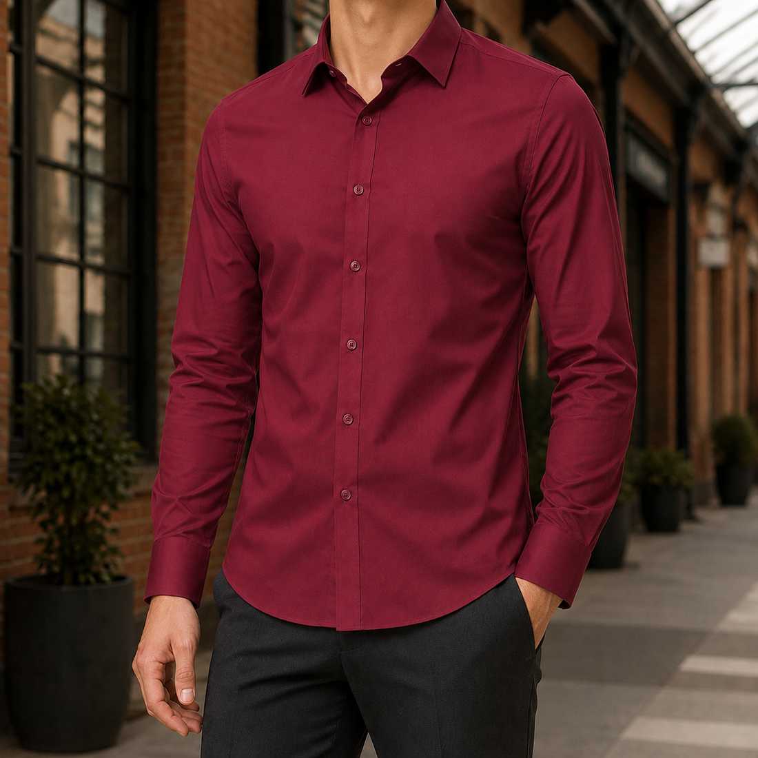 Colm Slim Shirt - Long Sleeve Solid Color Shirt Wine Red