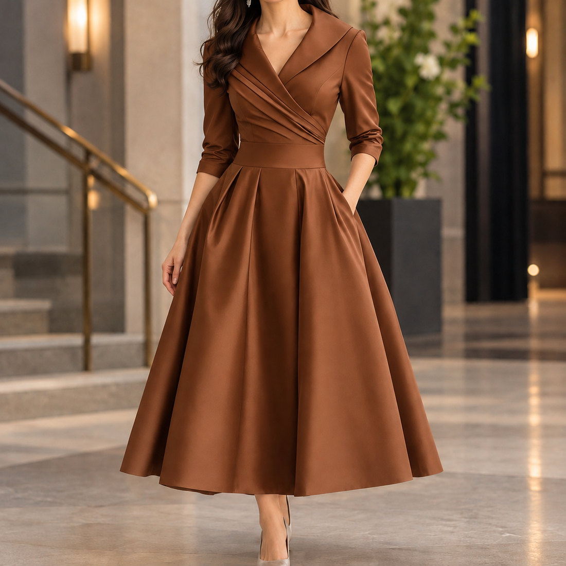 Mercedes-Eve Wrap Midi Dress - Brown