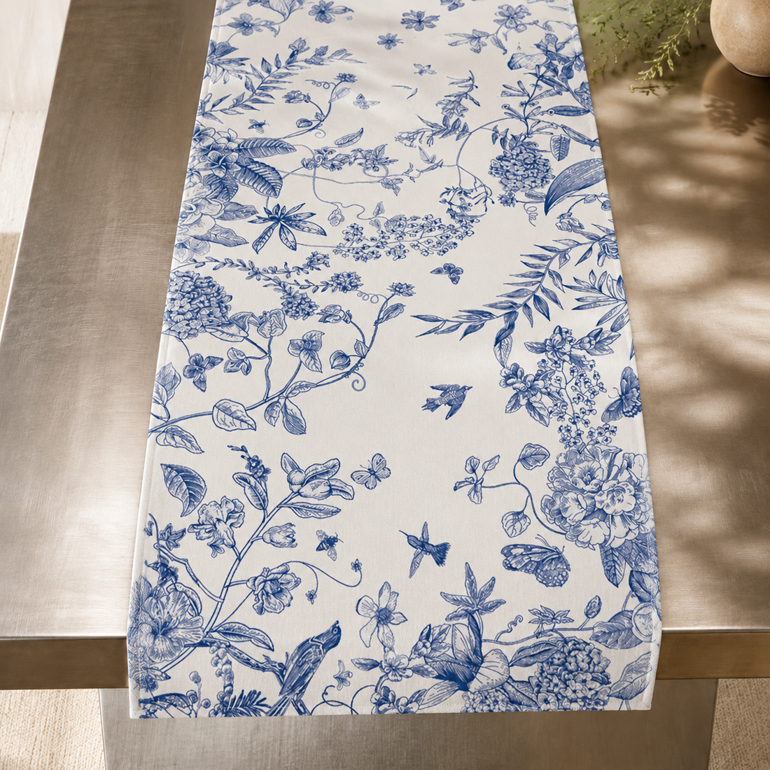Taormina Botanical Table Runner - Blue Toile Floral