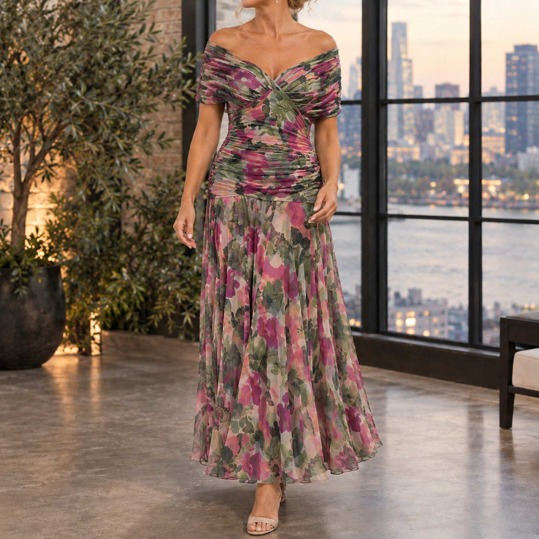 Sylvie-Elise Draped Maxi Dress - Green Pink